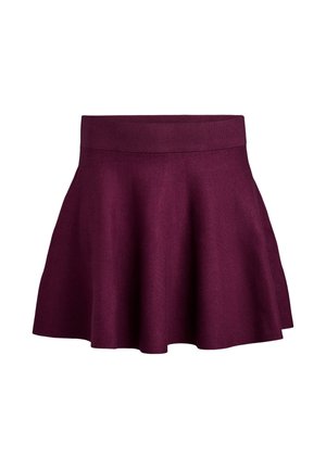 Głęboki fioletowy spódniczka rozkloszowana z szerokim elastycznym pasem, gładka tekstura i długość powyżej kolana.