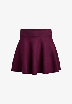 Głęboki fioletowy spódniczka rozkloszowana z szerokim elastycznym pasem, gładka tekstura i długość powyżej kolana.