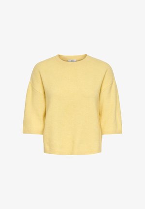 Soft yellow short-sleeve knitted sweater with a round neckline and relaxed fit on a white background.