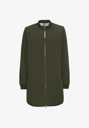 Olivenfarbene Bomberjacke mit Reißverschluss vorne, geripptem Kragen und Bündchen sowie zwei seitlichen Taschen. Hergestellt aus einem glatten, leichten Material.