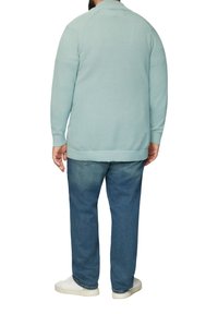 Jasnoniebieski, dziany sweter z długim rękawem i kołnierzykiem, prezentowany z tyłu, zestawiony z wyblakłymi niebieskimi dżinsami i białymi trampkami.