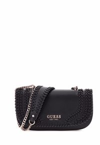 Borsa a tracolla in pelle nera con dettagli intrecciati, tracolla in metallo argentato e logo stampato. Forma compatta e rettangolare con accenti testurizzati.