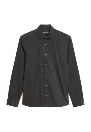 Long-sleeve, button-up shirt in dark gray fabric. Features a classic collar, front placket with buttons, and a relaxed fit.