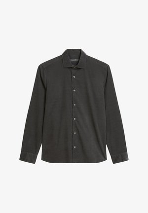 Langemouw, button-up overhemd van donkergrijze stof. Het heeft een klassieke kraag, een voorpaspel met knopen en een ontspannen pasvorm.