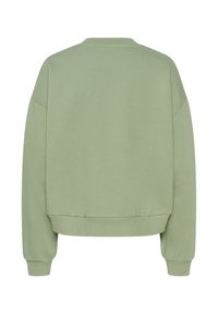 Sweatshirt long à manches en vert clair uni, avec des poignets, un ourlet et un col côtelés, vu de dos.