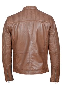 Bruine leren jas met een geborduurd ontwerp op de schouders, slim fit, horizontale naden en ritssluiting bij de mouwen. Gladde textuur, casual stijl.