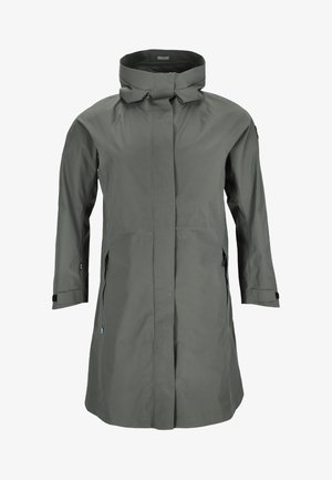 Gray waterproof coat with a high collar, front snap closure, side pockets, and long sleeves. Durable fabric with a smooth texture.