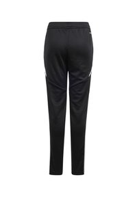 Schwarze Sporthose mit schmalem Schnitt, elastischem Bund, seitlichen Taschen und weißen Streifenakzenten an den äußeren Nähten. Aus glattem Material gefertigt.
