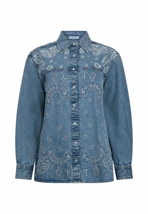 Chemise en jean à manches longues avec broderie cachemire et florale, boutonnée sur le devant, col pointu et coupe légèrement ample.