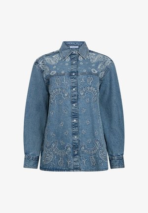 Denim-Langarmhemd mit Paisley- und Blumenstickerei, Knopfleiste, spitzem Kragen und leicht lockerer Passform.