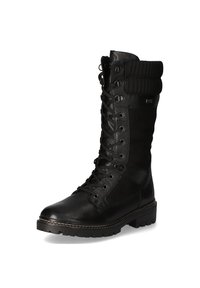 Botte noire en cuir à lacets avec un col rembourré, surface texturée et semelle robuste. Équipée d'œillets en métal et de coutures décoratives.