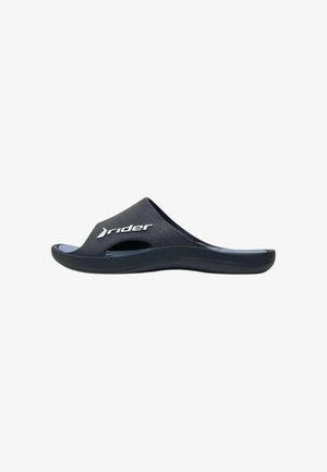 Sandalo nero slide con punta aperta e fianchi traforati, con logo bianco "rider" sulla fascia superiore.