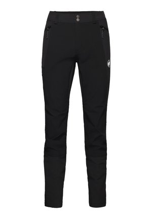 Zwarte outdoorbroek met een slim fit, ritszakken aan de zijkant en een logo patch. Gemaakt van duurzaam materiaal met versterkte kniegebeiden.