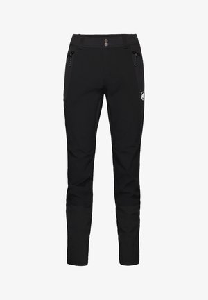 Black outdoor pants with a slim fit, zippered side pockets, and a logo patch. Made of durable fabric with reinforced knee sections.