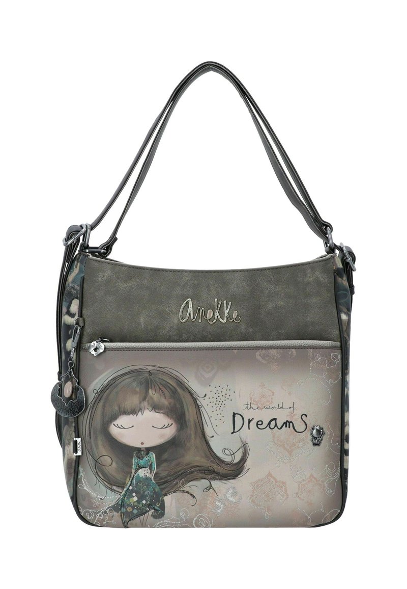 Borsa a spalla grigia e decorata con un'illustrazione fantasiosa, testo in rilievo "il mondo dei sogni" e un dettaglio decorativo a forma di charm.
