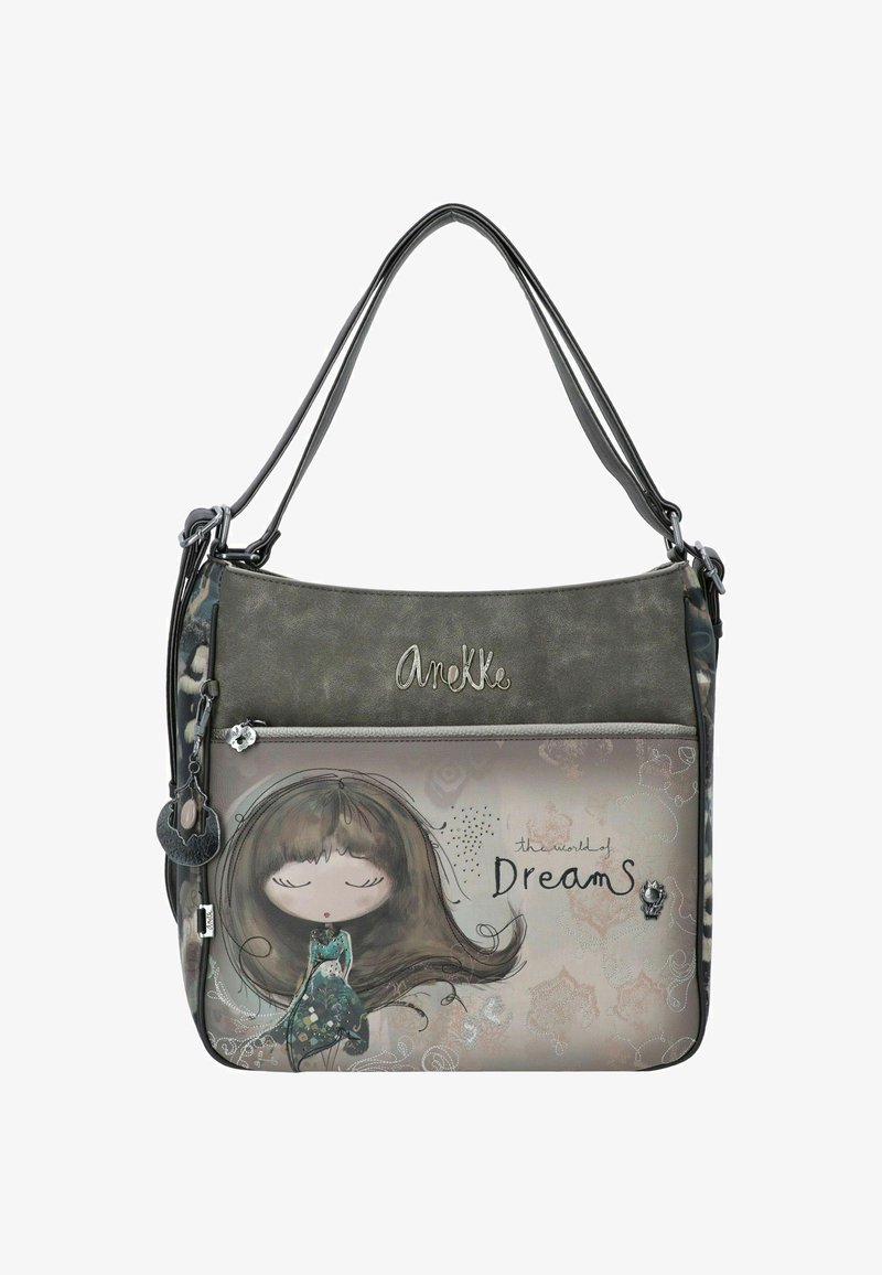 Borsa a spalla grigia e decorata con un'illustrazione fantasiosa, testo in rilievo "il mondo dei sogni" e un dettaglio decorativo a forma di charm.