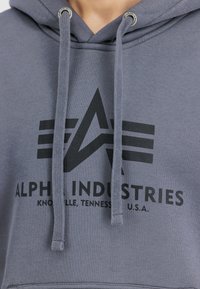 Felpa grigia con tasca frontale, polsini a costine e cappuccio con lacci. Presenta un logo nero e il testo "ALPHA INDUSTRIES" in carattere grassetto.