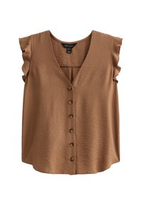 Haut sans manches marron à boutons avec un col en V, doté de détails froncés aux épaules et d'un tissu texturé. Sept boutons ronds à l'avant.