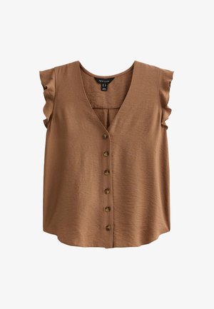 Bruine, mouwloze blouse met knoopsluiting en een V-hals, voorzien van gerimpelde schouderdetails en een gestructureerde stof. Zeven ronde knopen aan de voorkant.