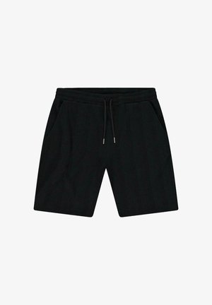 Zwarte, knielange shorts van een gestructureerde stof, met een elastische tailleband en trekkoord. Bevat twee zijzakken en heeft een ontspannen pasvorm.