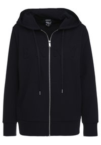 Svart zip-up hoodie med en mjuk textur, som har en broderad logga på bröstet, huva, dragsnören och framfickor.
