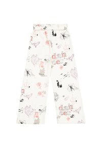 Pantaloni bianchi in cotone con una cintura elastica, caratterizzati da stampe grafiche colorate di uccelli, fiori e la parola "danzatore" in vari stili.