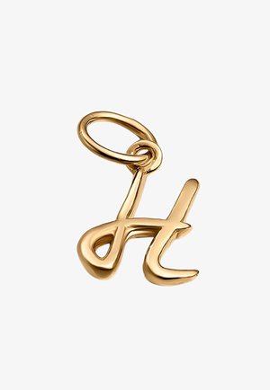 Charm chapado en oro que presenta una 'h' en cursiva y minúscula. El diseño es suave con un acabado pulido, y cuenta con un bucle circular para la unión.