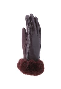 Guanto in pelle marrone scuro e tessuto con rifiniture in pelliccia attorno al polso, che mostra dettagli di cucitura lungo le dita e i lati.