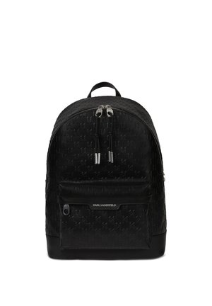 Black embossed leather backpack with front zip pocket, double zipper closure, and top handle, featuring Karl Lagerfeld branding on the pocket.