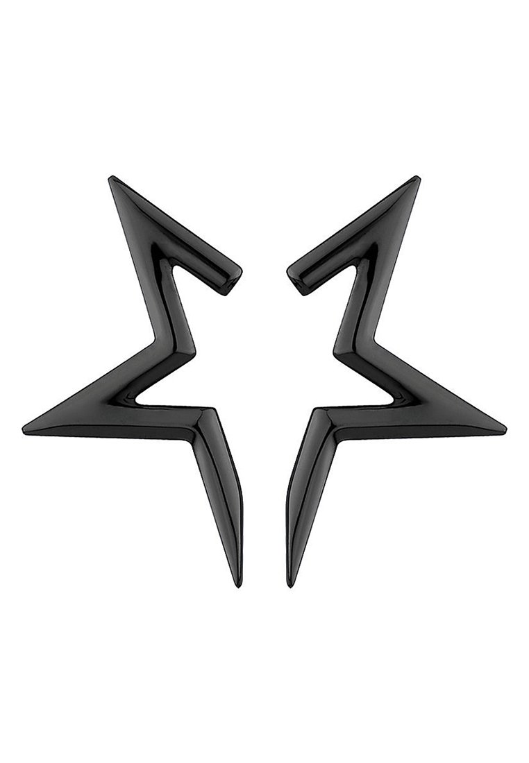 Zwarte plastic stervormige oorbellen met scherpe randen, voorzien van een glanzende afwerking en een geometrisch ontwerp. Twee stukken die symmetrisch van vorm zijn.