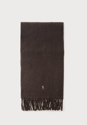 Écharpe en laine marron foncé avec des franges aux extrémités et une petite figure brodée près du bas au centre sur un fond clair.