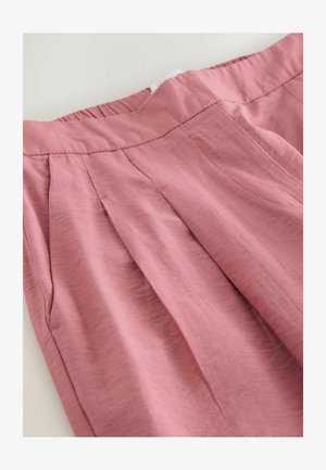 Pink, pleated women's trousers with an elastic waistband, made of lightweight fabric. Features subtle texture and side pockets.