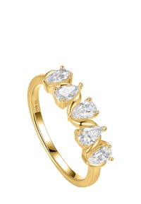 Gold ring featuring five pear-shaped clear gemstones in a twisted setting with polished finish. Smooth band, modern design.