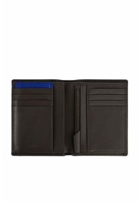 Portafoglio in pelle nera con una texture liscia, dotato di diversi slot per carte, una tasca con zip e un accento blu su uno degli slot.