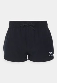 Čierne plavky s elastickým pásom a šnúrkou, so bočnými vreckami a bielym logom Roxy na ľavom stehne.