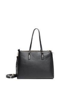 Sort læder tote taske med dobbelte håndtag, en aftagelig skulderrem, lynlås og accent hardware i guldfarve, der har en struktureret overflade.