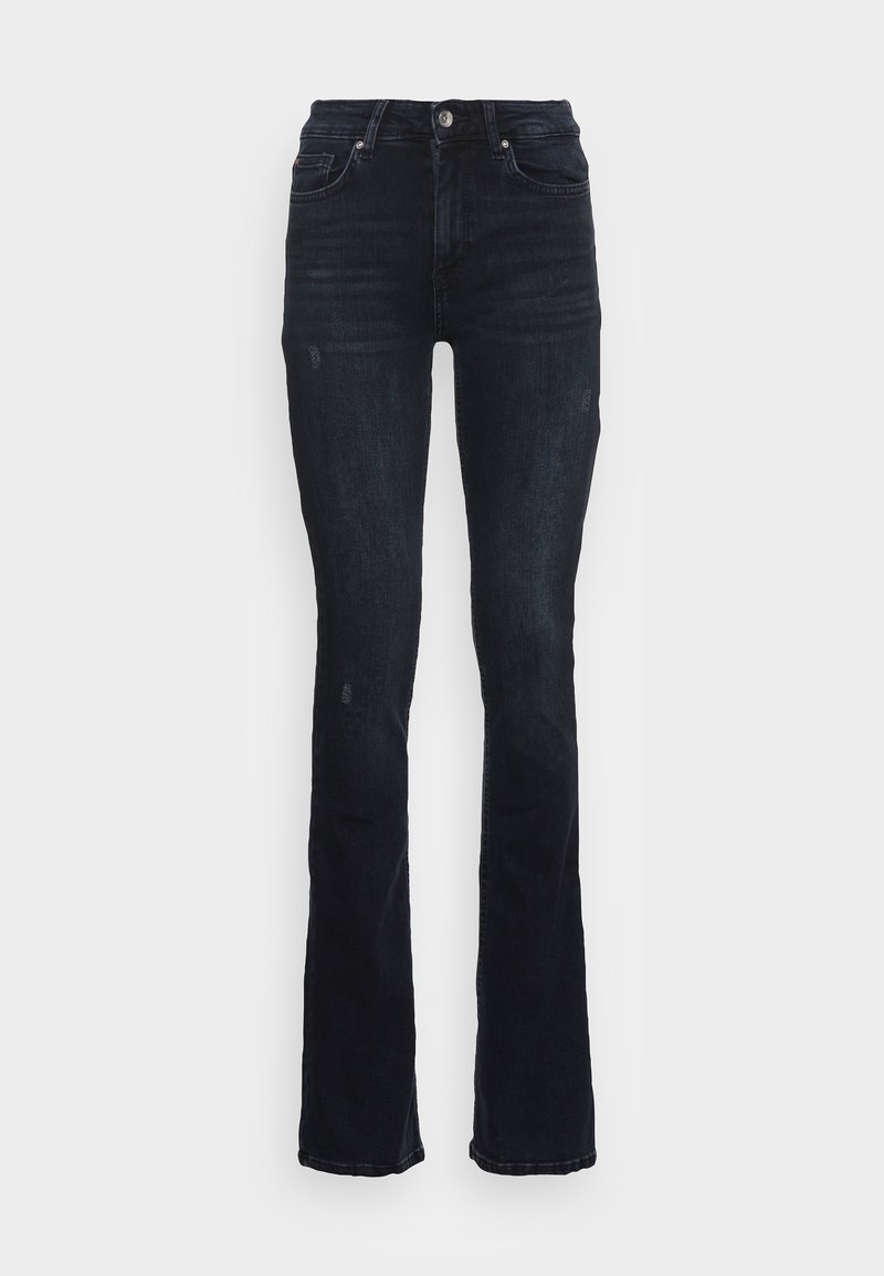 Temno modri flared jeans z visokim pasom, rahlo zbledeli in z diskretno obrabljenimi detajli. Imajo sprednje zapiranje na gumb in klasične žepe.