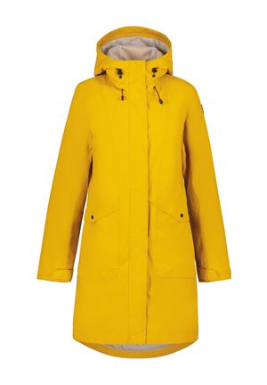 Yellow waterproof long hooded raincoat with front zipper, adjustable drawstrings, and two flap pockets.