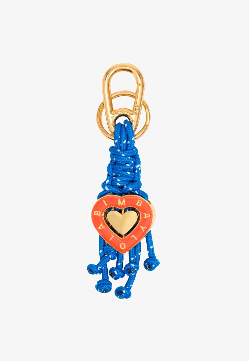 Gold keyring clip with blue braided rope tassels and a red heart charm embossed with "LOLA B IMBA" in gold letters.