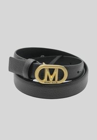 Cintura in pelle nera con finitura strutturata, caratterizzata da una fibbia ovale dorata con una "M" in rilievo e il nome del marchio "MARC ELLIS".