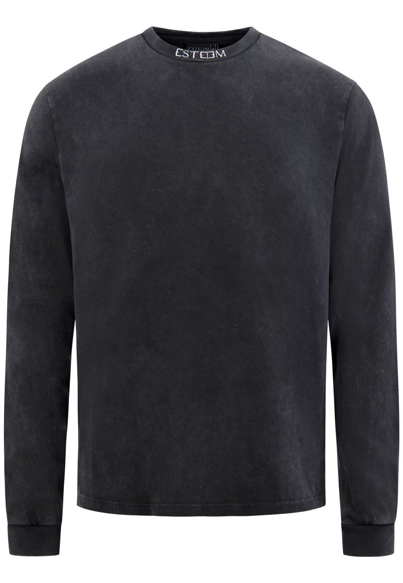T-shirt nero a maniche lunghe realizzato in un tessuto morbido e leggermente texturizzato. Presenta un collo rotondo e un discreto marchio sul colletto.
