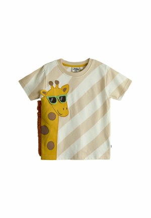 Dievčenské tričko s krátkym rukávom v béžovej a bielo-prúžkovej farbe s motívom žltej žirafy s zelenými slnečnými okuliarmi a textilnou hrivou na boku.
