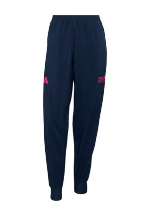 Marineblauwe trainingsbroek met een elastische tailleband, geribbelde boorden en roze logo- en tekstaccenten. Gemaakt van lichtgewicht, gladde stof.
