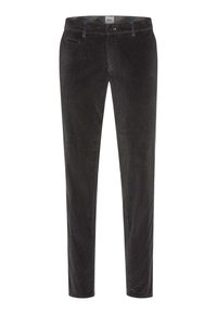 Pantaloni in velluto ribbed di colore grigio scuro, con vestibilità slim, gambe dritte, tasche frontali e chiusura con zip. Superficie texture con costine.