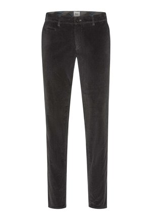 Pantaloni in velluto ribbed di colore grigio scuro, con vestibilità slim, gambe dritte, tasche frontali e chiusura con zip. Superficie texture con costine.