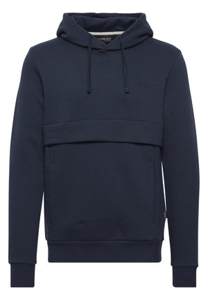 Navy blue hoodie made of soft fabric, featuring a kangaroo pocket, drawstring hood, and ribbed cuffs. Minimalist logo accent on the chest.
