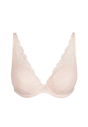 Light pink lace bra with a plunging neckline, floral pattern, scalloped edges, and a small bow detail at the center. Smooth material.