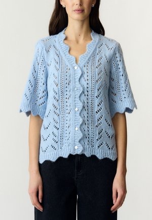 Vrouw draagt een lichtblauwe, kortemouwige, gebreide cardigan met knopen, met gegolfde randen en opengewerkte patronen, gecombineerd met zwarte broek.