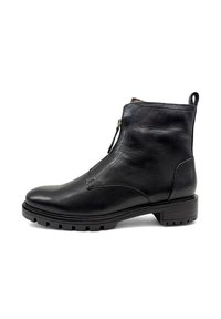 Bottines en cuir noir avec un bout rond, fermeture éclair latérale et semelle texturée. Présente un talon bloc et des détails de couture minimalistes.