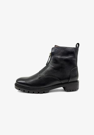 Black leather ankle boot with a rounded toe, side zip closure, and textured sole. Features a block heel and minimal stitching detail.